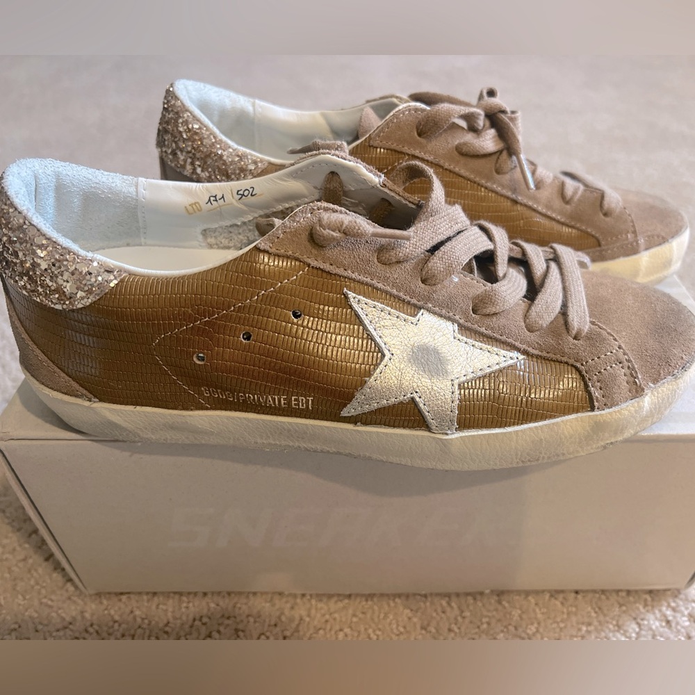 Brand new condition, multi material brown leather, suede glitter Golden Goose